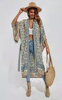 Свободное хлопковое кимоно с синим цветочным принтом FS Collection, синий