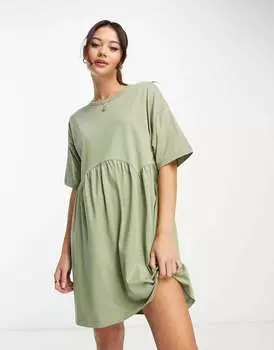 Свободное мини-платье цвета хаки с короткими рукавами и швами ASOS