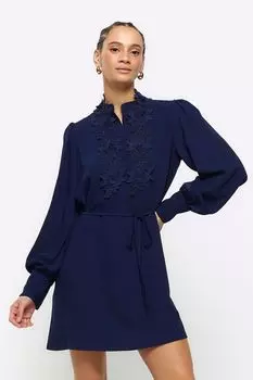 Свободное мини-платье с цветочным узором и завязкой на талии River Island, синий