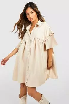 Свободное мини-платье с пышными рукавами и пуговицами boohoo, бежевый