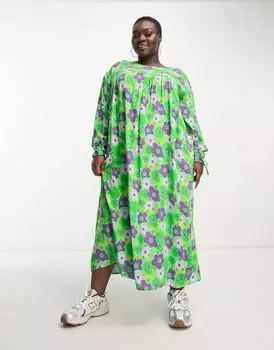 Свободное платье длиной до икры Native Youth Plus с вырезом в форме облака и цветочным принтом зеленого и фиолетового цвета
