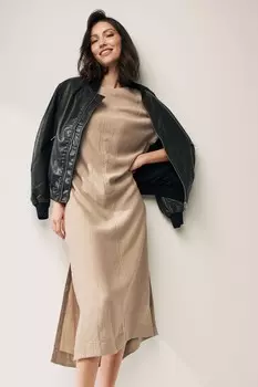 Свободное платье-футболка миди с короткими рукавами Next, бежевый