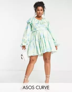 Свободное платье из твила с мраморным V-образным вырезом и поясом ASOS LUXE Curve