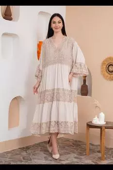 Свободное платье макси с рукавами 3/4 и V-образным вырезом HOXTON GAL, бежевый