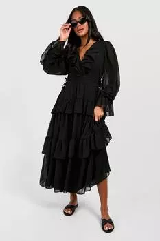 Свободное платье Midaxi из шифона с рюшами boohoo, черный