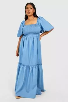 Свободное платье Midaxi Plus с пышными рукавами из шамбре boohoo, синий