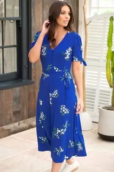 Свободное платье миди Bella из эластичной ткани с завязанными рукавами Pour Moi, синий