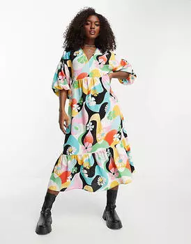Свободное платье миди с ярким ретро-принтом ASOS DESIGN