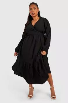 Свободное платье миди с текстурированным запахом и запахом boohoo, черный