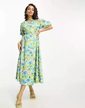 Свободное платье миди YAS Petite с вырезами по бокам и цветочным принтом