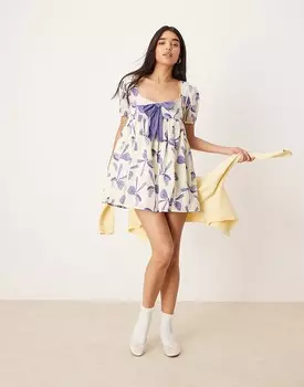 Свободное платье мини с принтом и бантом ASOS DESIGN, кружевной отделкой