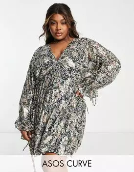 Свободное платье мини с завязкой на талии ASOS DESIGN Curve из жаккардового шифона с ярким принтом