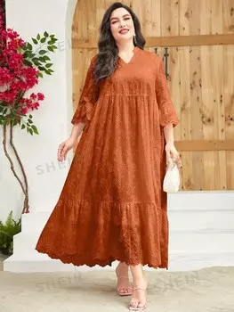 Свободное платье Modely Plus, воротник с зубцами, рюши/рюши Shein, кирпично-оранжевый