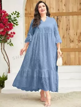 Свободное платье Modely Plus, воротник с зубцами, рюши/рюши Shein, синий