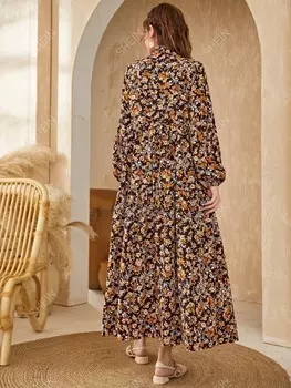 Свободное платье Mulvari, цветочный узор, рукава-фонарики, воротник-бабочка, оборки на концах Shein, мультиколор