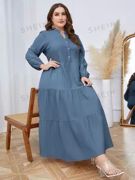 Свободное платье Mulvari Plus, треугольный вырез, оборка/ниж с рюшами Shein, синий