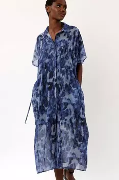 Свободное платье-рубашка с напечатанным вручную узором и завязкой на талии Religion, синий