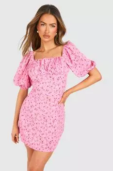 Свободное платье с цветочным принтом и пышными рукавами boohoo, розовый