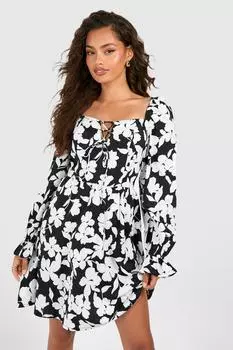 Свободное платье с цветочным принтом и завязками спереди boohoo, черный