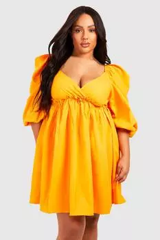 Свободное платье с глубоким вырезом и пышными рукавами Plus boohoo, оранжевый