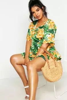 Свободное платье с оборками и тропическим цветочным принтом Plus boohoo, зеленый