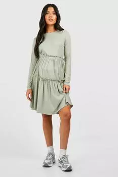 Свободное платье в рубчик с оборками для беременных boohoo, зеленый