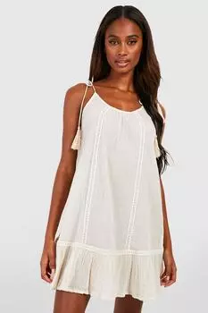 Свободное пляжное платье с кисточками из марлевой ткани boohoo, бежевый