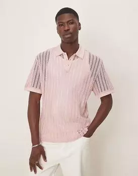 Свободное поло свободного кроя со спущенным плечом ASOS DESIGN, розовая вязка крючком