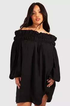 Свободное тканое платье с открытыми плечами и фактурной отделкой Plus boohoo, черный