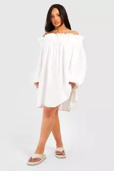 Свободное тканое платье с открытыми плечами и фактурной отделкой Plus boohoo, белый