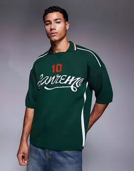 Свободное трикотажное поло ASOS DESIGN со спортивной графикой темно-зеленого цвета