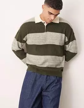 Свободное трикотажное поло для регби ASOS DESIGN в меланжевую полоску цвета хаки
