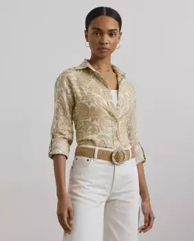 Свободного кроя льняная женская рубашка Lauren Ralph Lauren, кремовый