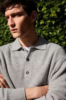 Свободного кроя трикотажная рубашка поло с длинными рукавами и шерстью Next, серый