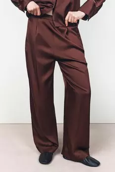 Свободные атласные брюки со складками ZARA, коричневый