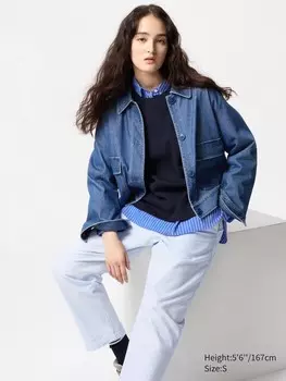 Свободные брюки длиной до щиколотки из хлопка в полоску Uniqlo, цвет 61 синий