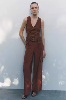 Свободные брюки-карго с поясом ZARA, коричневый