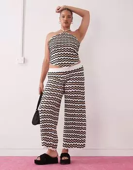 Свободные брюки Noisy May Curve, связанные крючком, черно-бежевого цвета