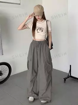 Свободные длинные брюки, однотонная ткань, прямые брючины, сложенная ткань, большие карманы, пояс на кулиске, удобно для женщин Dazy, серый