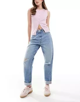 Свободные джинсы mom с высокой посадкой в бледном цвете с разрывами ASOS DESIGN