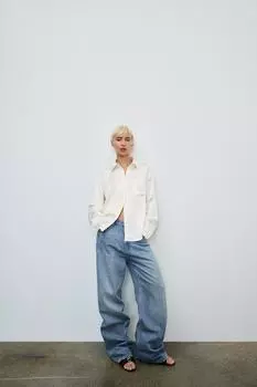 Свободные джинсы оверсайз с высокой талией и стразами ZARA, синий
