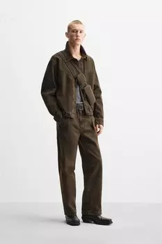 Свободные джинсы с поясом ZARA, коричневый