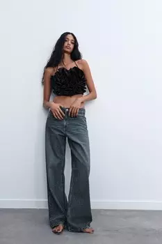 Свободные джинсы со средней талией, со стразами ZARA, темно-синий