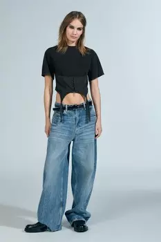 Свободные джинсы TRF oversize со средней талией ZARA, темно-синий