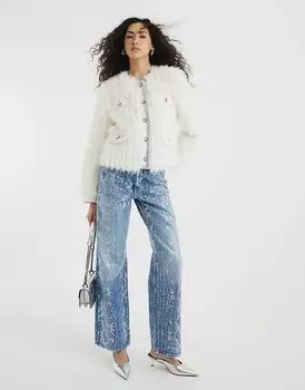 Свободные прямые джинсы с фольгированным принтом под змею в цвете средне-голубой стирки River Island