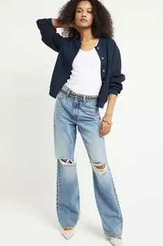 Свободные прямые джинсы с высокой посадкой и рваными коленями River Island, синий