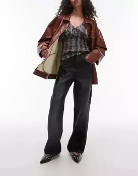 Свободные прямые джинсы средней посадки с кружевной отделкой черного цвета Topshop