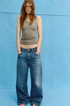 Свободные рваные джинсы оверсайз с высокой талией ZARA, синий