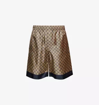 Свободные шелковые шорты с принтом монограммы и двумя накладными карманами Gucci, синий