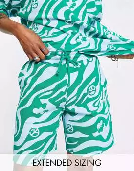 Свободные шорты ASOS Daysocial синего и зеленого цвета с графическим принтом по всей поверхности